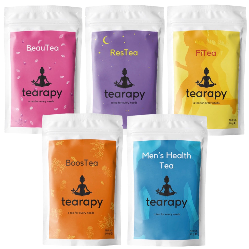Tearapy Wellbeing essential organic herbal tea blends complexion tea, sleep anxiety tea, weightloss tea, energy immunity tea, mens vitality tea